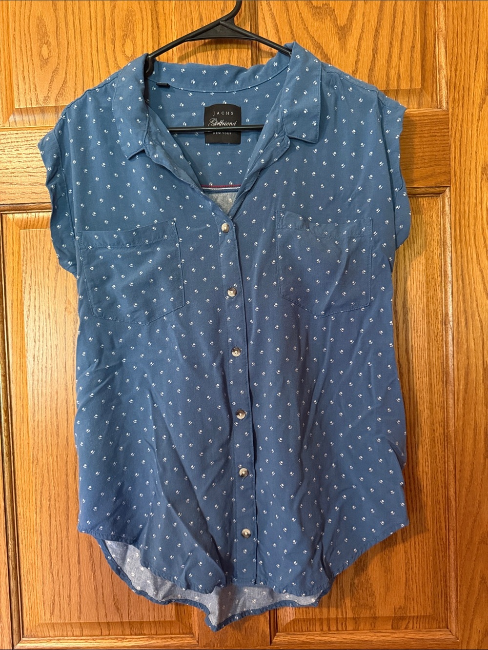 JACHS Girlfriend Blue Button-Front Cap-Sleeve Blouse with Tiny White Print
